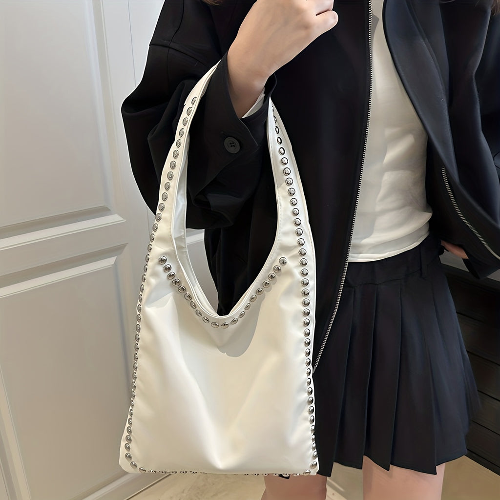 Women's Retro Punk Gothic Handbag - Edgy Shoulder Tote with Zipper Closure, White/Black Handheld Bag, Punk Style Purse for Casual & Formal Outfits, Durable Everyday Shoulder Bag