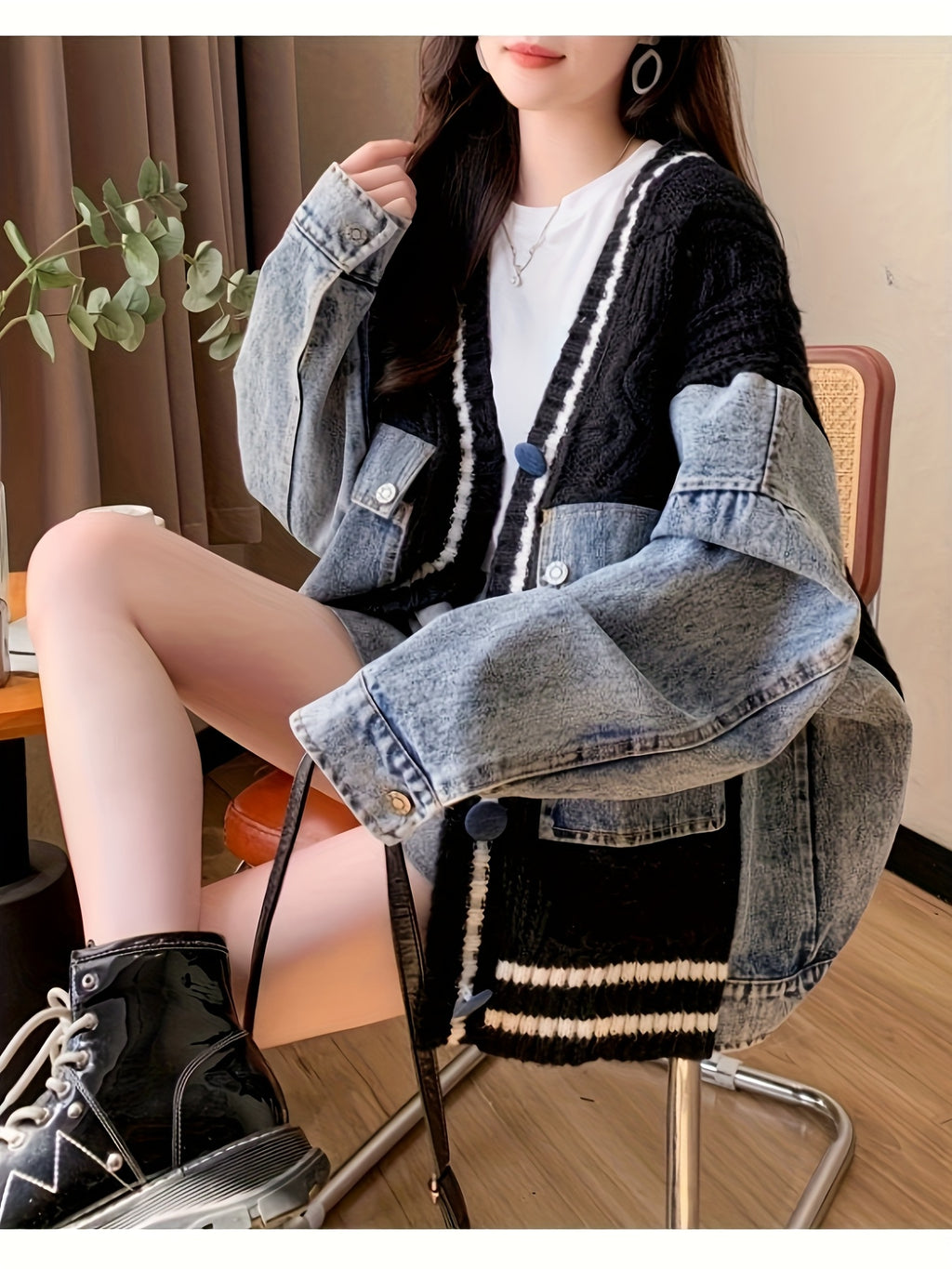 Oversized Light Gray & Blue Contrast Batwing Cardigan