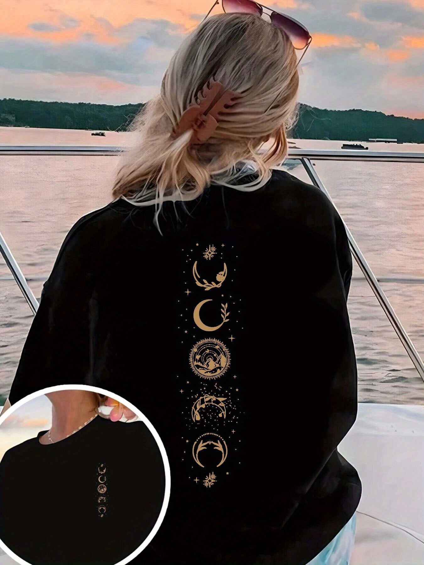 Casual Short Sleeve T-Shirt with Celestial Moon & Star Print