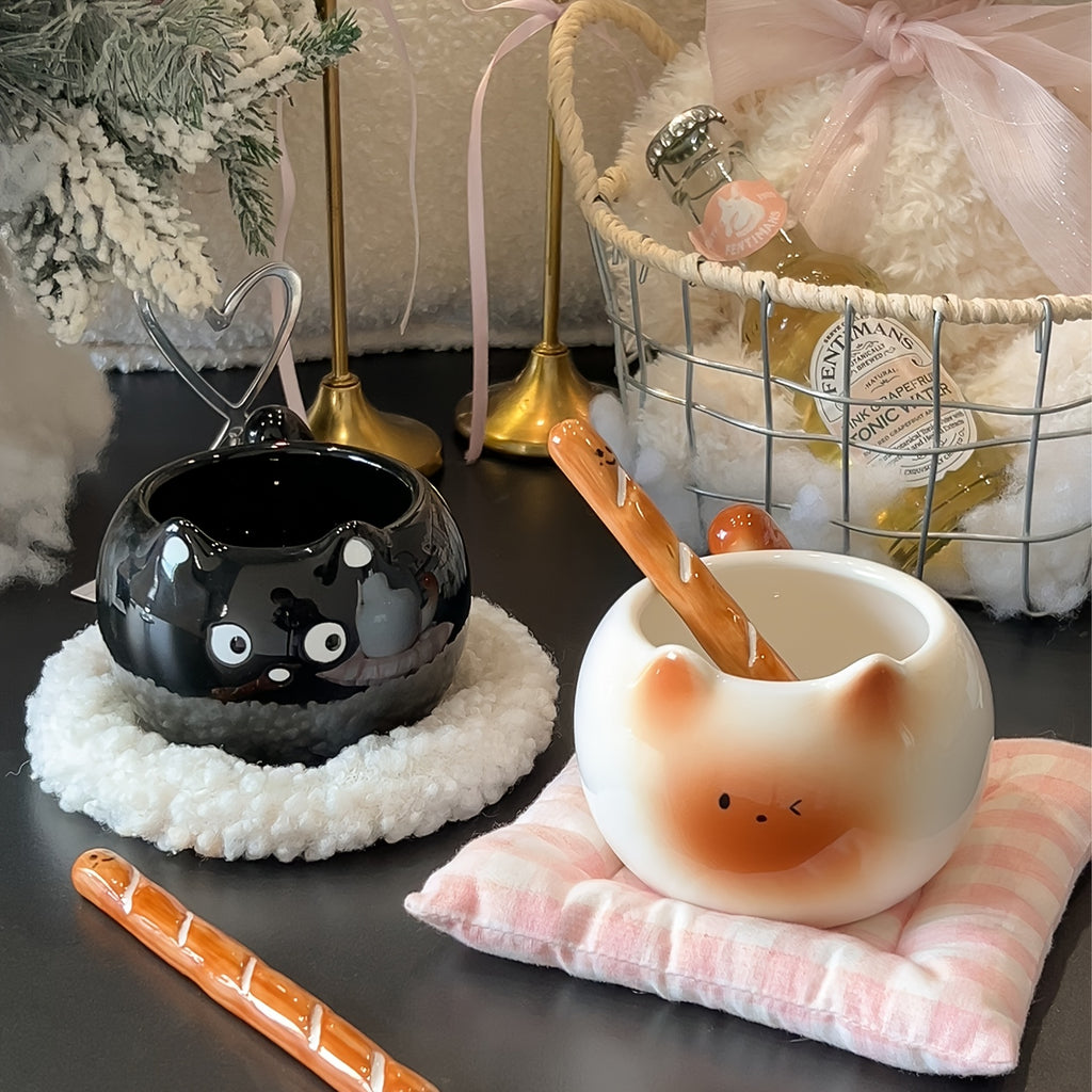 {1/2pcs} Cat-shaped Ceramic Mug, with a Bread-shaped Stirring Stick