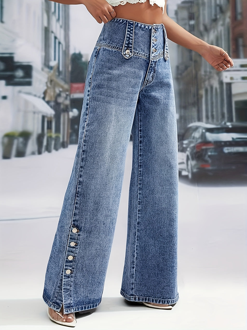 High-Waisted Snowflake Denim Pants with Buckle & Snap Closure