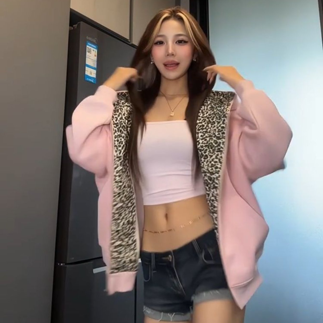 Leopard Print Hooded Jacket with Detachable Ear Flaps