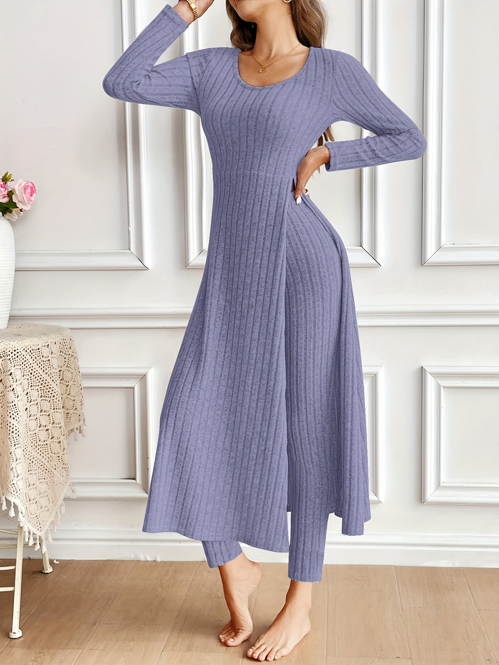 Two-piece Set of Ribbed Long-sleeved Top and Pants