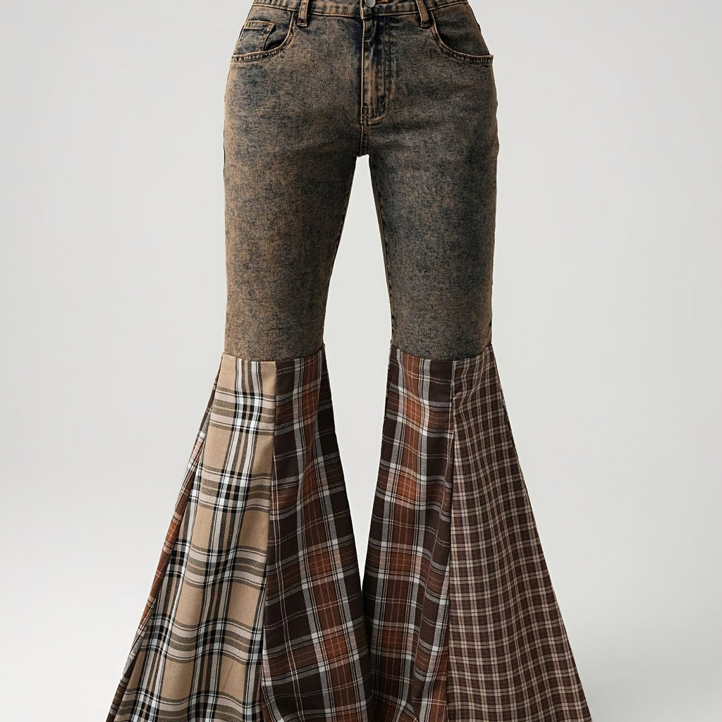 Plaid Patchwork Flared Jeans