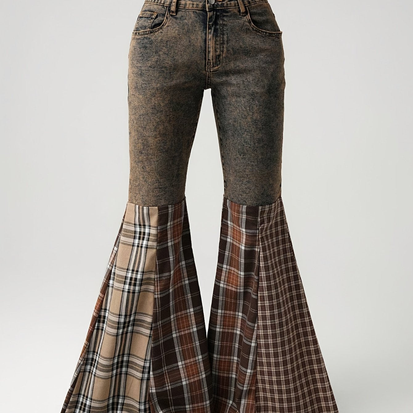 Plaid Patchwork Flared Jeans