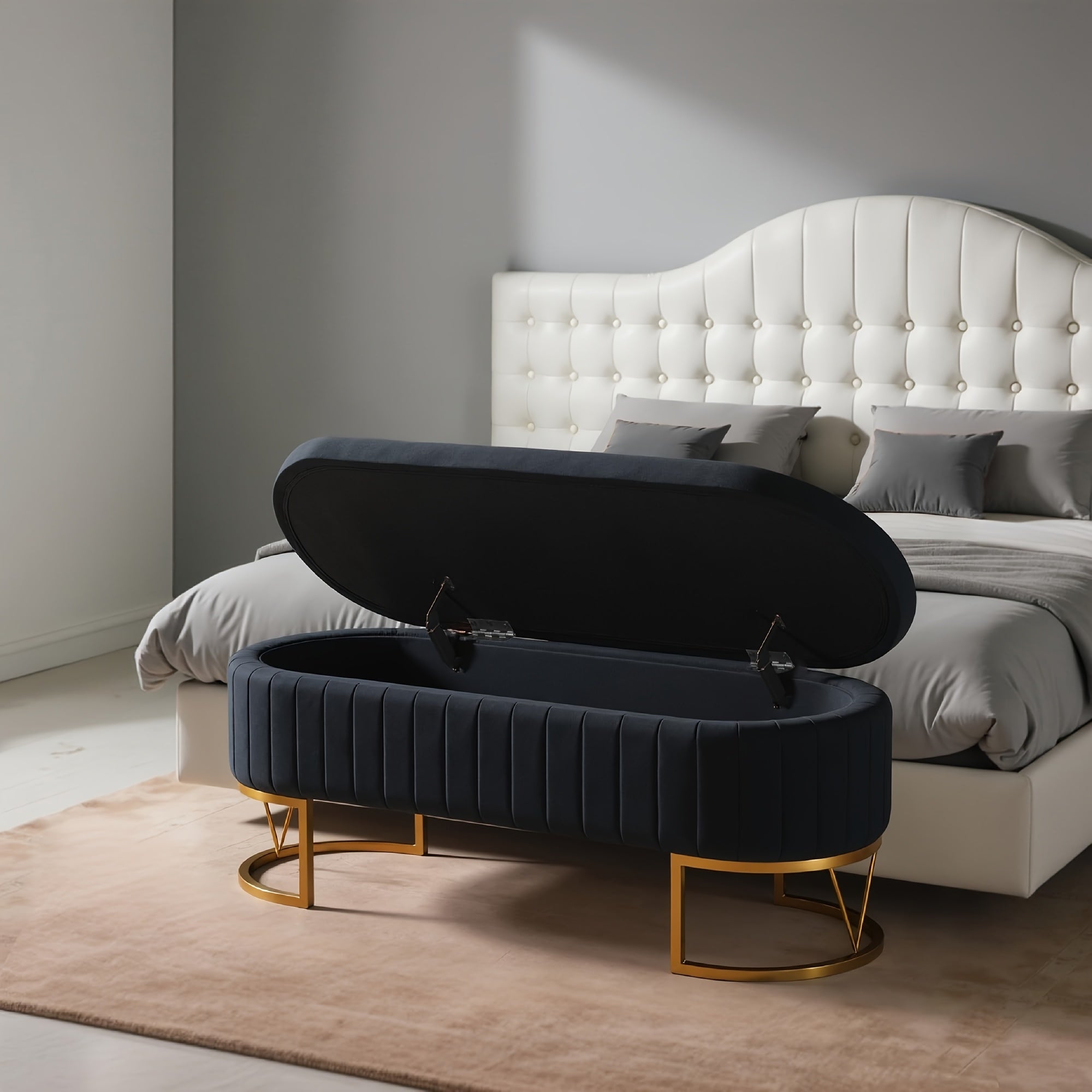 White Velvet Upholstered Storage Ottoman Footrest with Golden Legs