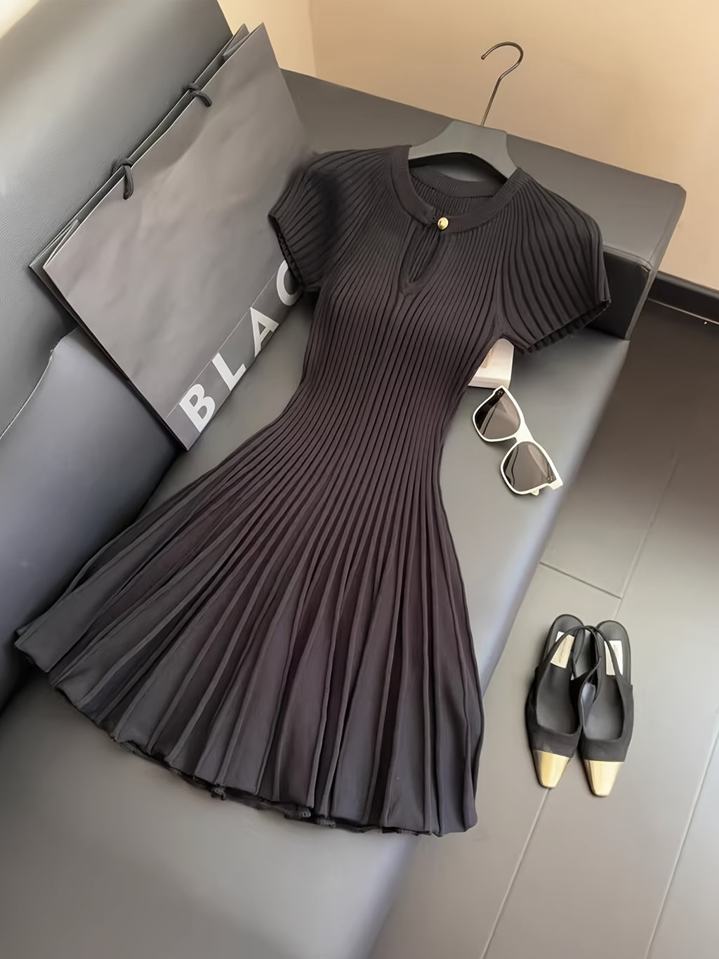 Short Sleeve Dress with Waist-Cinching Belt & Pleated Detailing