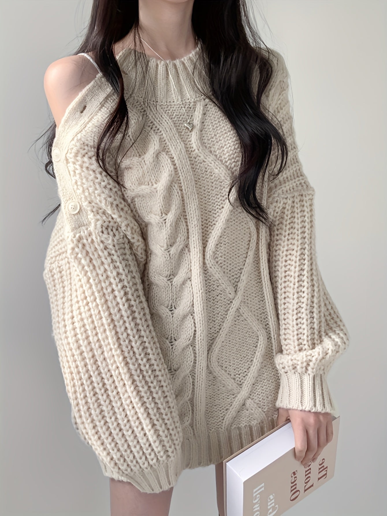 Women'S Elegant Sweater - Long Sleeve Button-Front Sweater with Twist Design, /Neutral Tones, Chic Office to Party Outfit for Fall/Winter, Everyday & Formal Events - Women'S Fashion Sweater, Sweater, Winter Clothing, Geometri