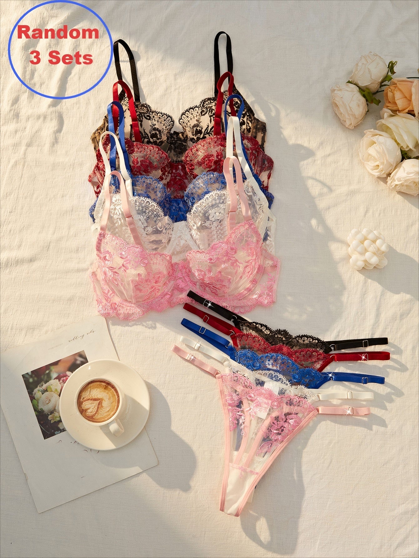[3pcs} Floral Embroidery Lingerie