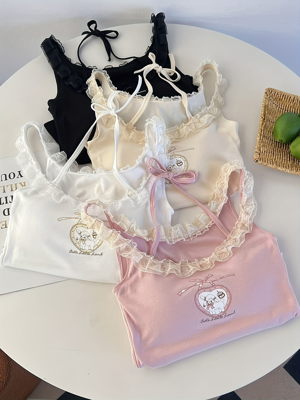 {4pcs} Cute Little Lamb Lace Trim Sleeveless Spaghetti Strap Tops with Built-in Bra Pads