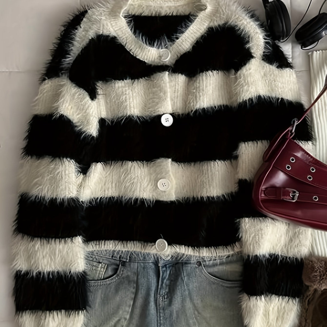 Retro Striped Plush Cardigan