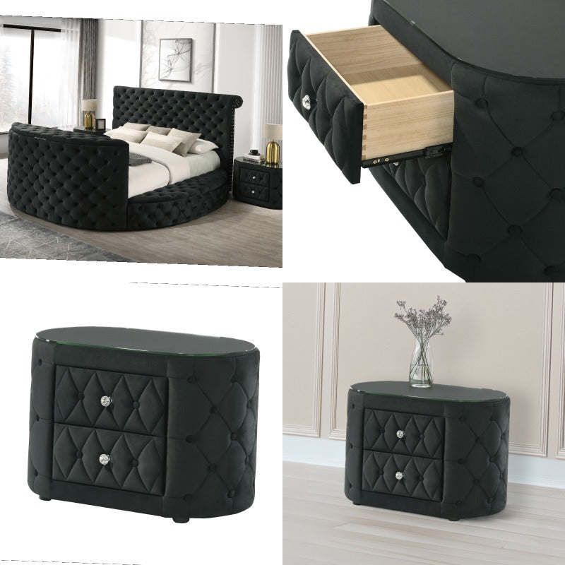 1pc Luxurious Oval Nightstand with Plush Upholstery, 8mm Tempered Glass Top & Two Storage Drawers - Elegant Black Finish, Rounded Sides & Sparkling Knobs - Modern Bedside Furniture with Tufted-Like Headboard Design, No Assemb