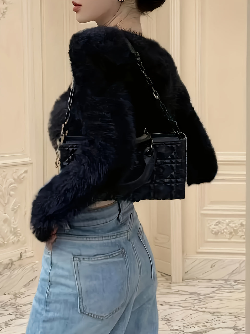 Women's Sexy Plush Cardigan - Black Faux Fur Trim Cropped Button-Front Sweater, Soft Warm Open Front Design for Spring/Autumn, Versatile Chic Layering Piece for Casual to Formal Outfits, Cardigan Sweater, Autumn Wardrobe, Tre