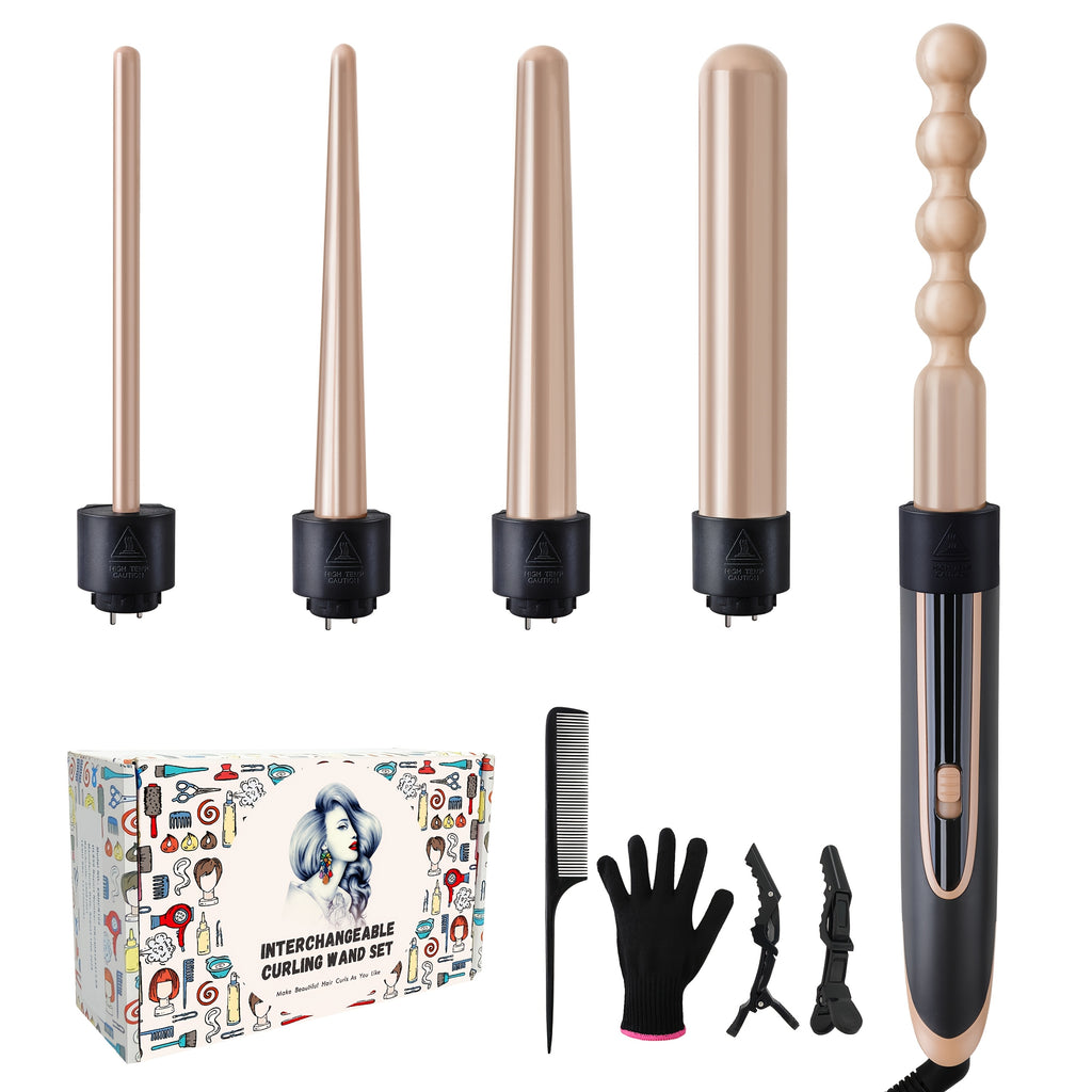 Hair Curling Wand 5in 1 Hair Curlers Iron Set 0.4" - 1.25" with 5 Ceramic Interchangeable Barrel