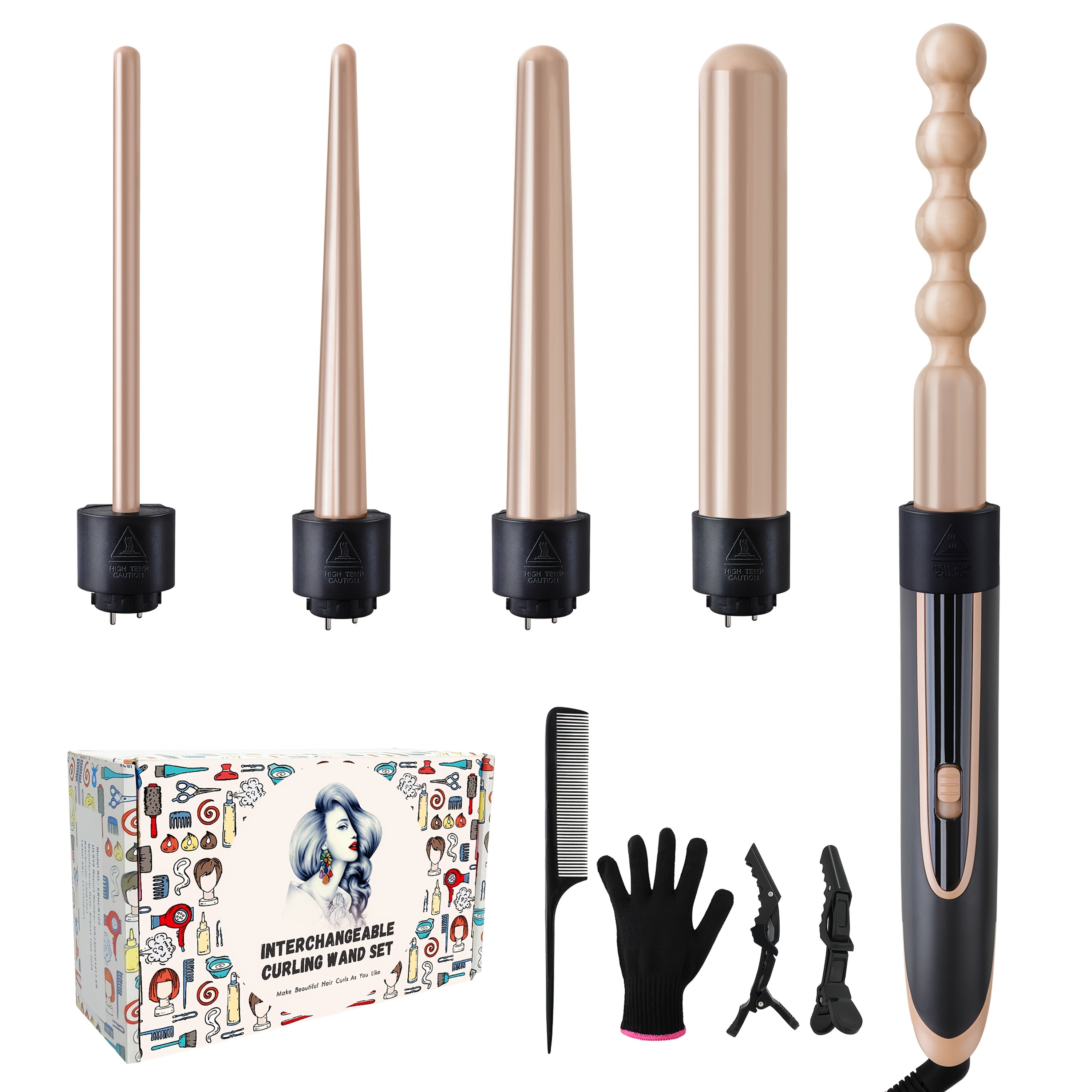 Hair Curling Wand 5in 1 Hair Curlers Iron Set 0.4" - 1.25" with 5 Ceramic Interchangeable Barrel