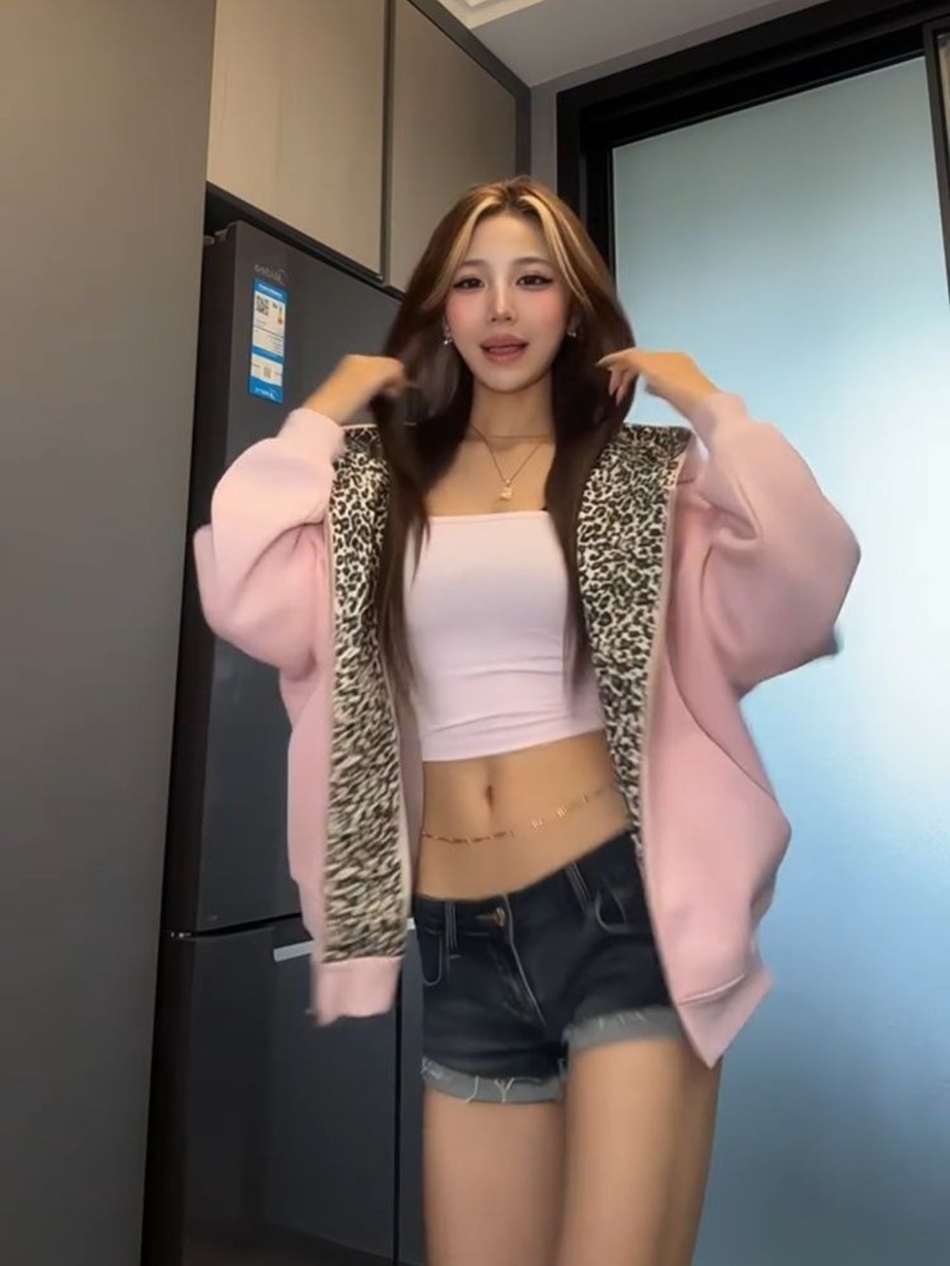 Leopard Print Hooded Jacket with Detachable Ear Flaps