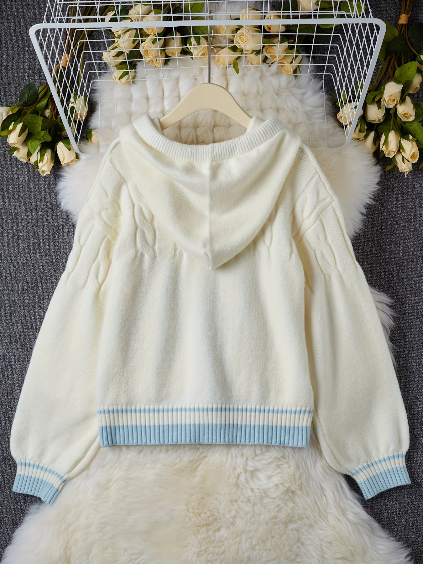 Women'S Hooded Cardigan - Pastel Pink & white colorblock Sweater, Button-Front Closure, Loose Fit Open Front Sweater for Fall/Winter, Everyday & Formal Outfits - Women'S Sweater Coat, Cardigan Sweater, Casual Layering Piece,