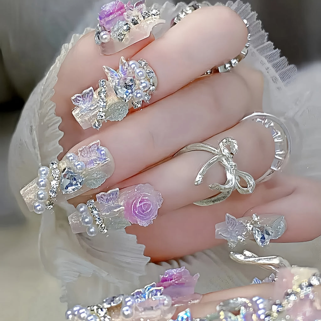 {24pcs} Shiny Flower Fake Nails