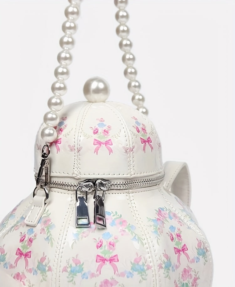 Pink Floral Tea Society Handbag for Women - Chic Designer Handbag with Pearl Strap, Adjustable & Stylish, Polyester Lined, Zip Closure, Perfect for Everyday Use Or Special Occasion