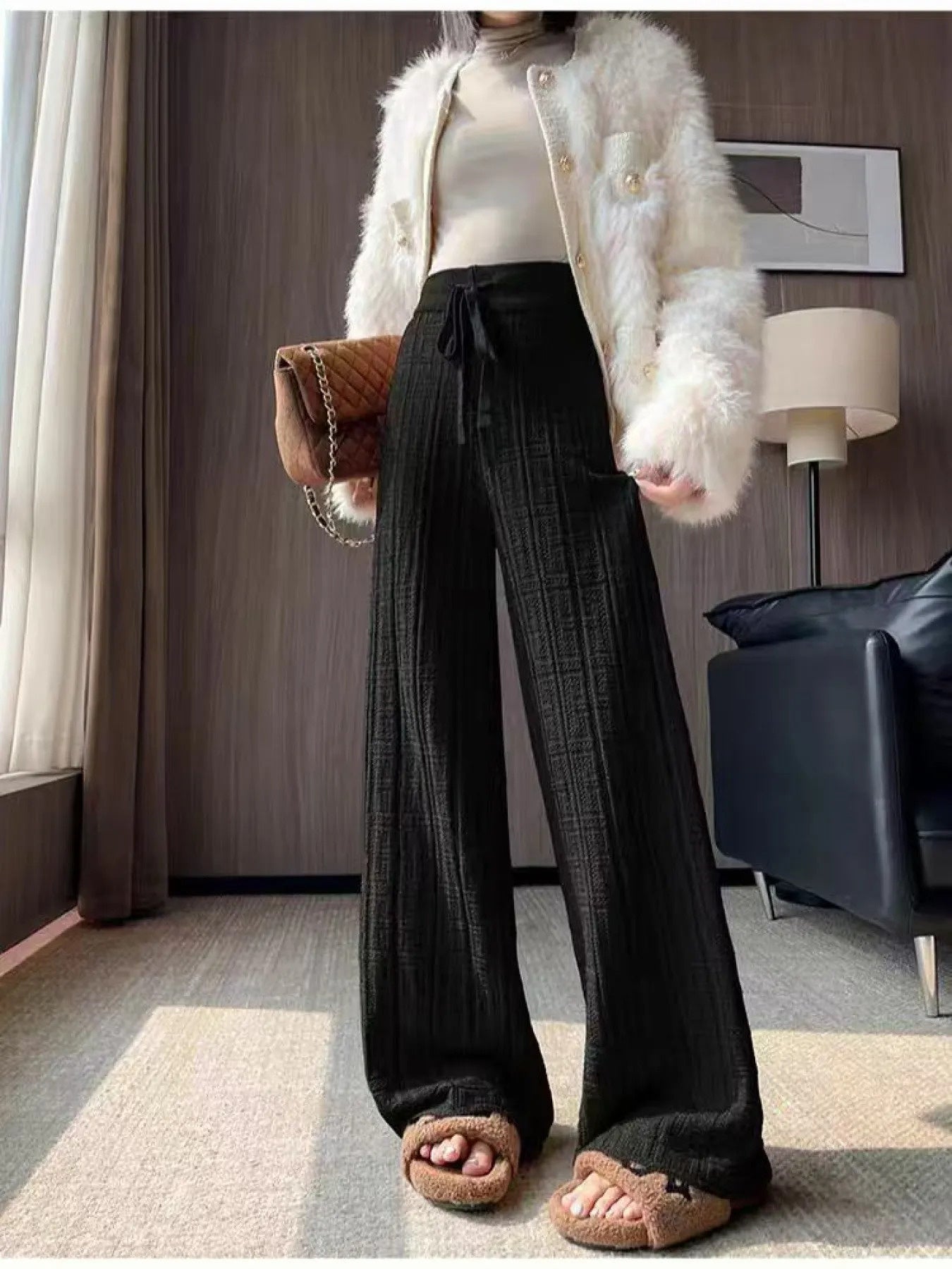 Women'S High-Waisted Wide-Leg Trousers - Elegant Solid Black/Color with Drawstring Waist & Belt, Structured Jacquard Fabric, Loose-Fit Straight-Leg Design for Resortwear, Casual to Formal Events - Spring/Fall Trousers (2025 C