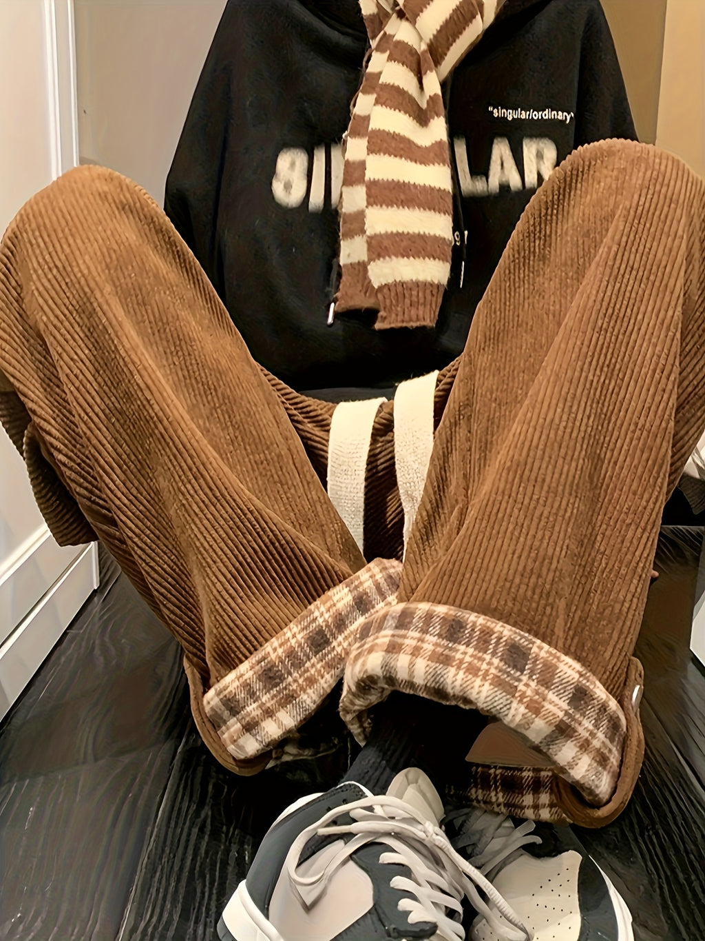 Women's Spring and Autumn Plaid Flared Pants Korean Style Loose Straight Leg Trousers