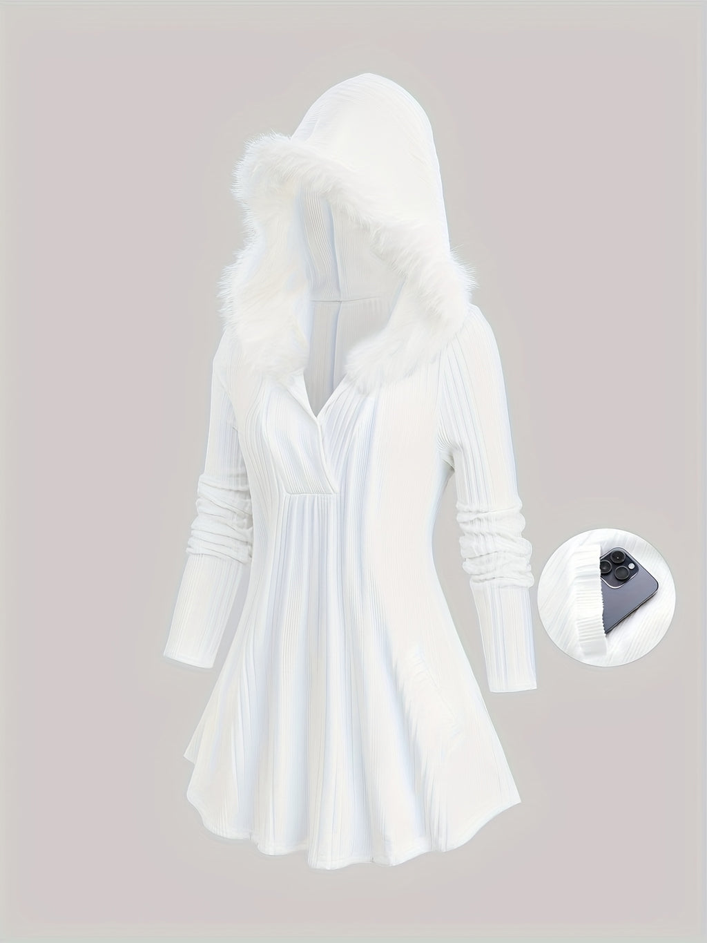 Solid Color Surplice Ribbed Textured Fleece Trim Hooded Top