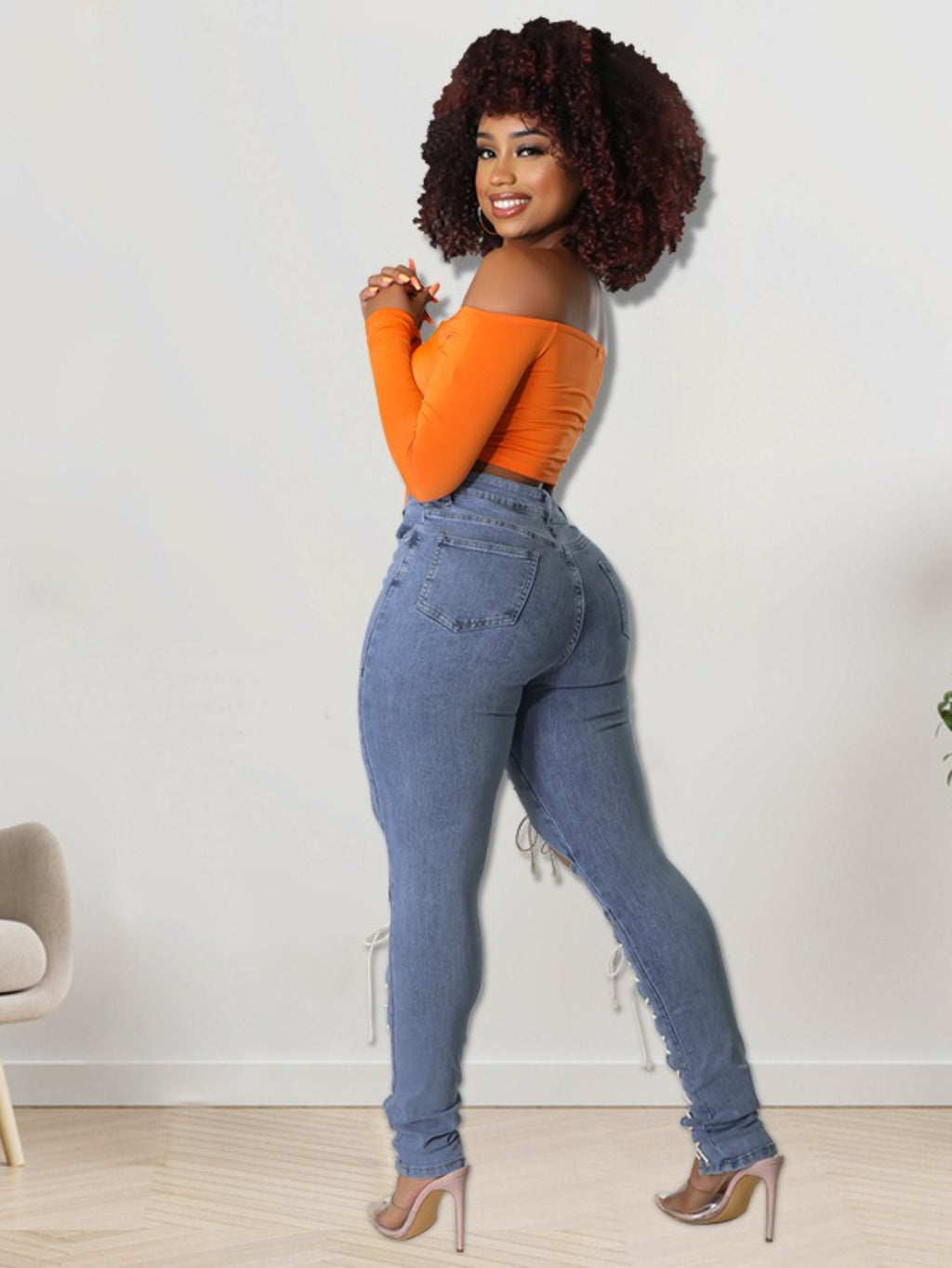 Cropped Denim Jeans with Lace-Up Detail