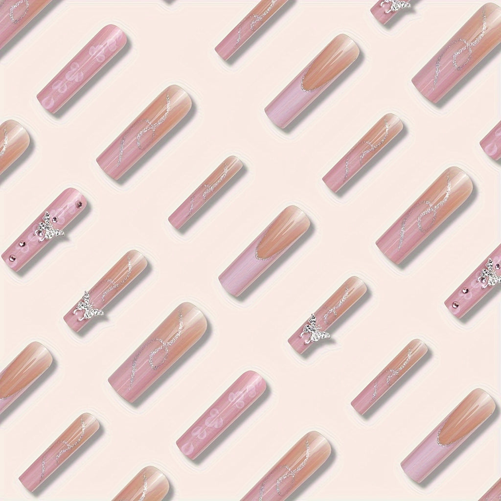 {24pcs} Extra-Long Coffin French & Ombre & Floral Pattern 3D Butterfly Rhinestone Full Cover Glossy Fake Nails