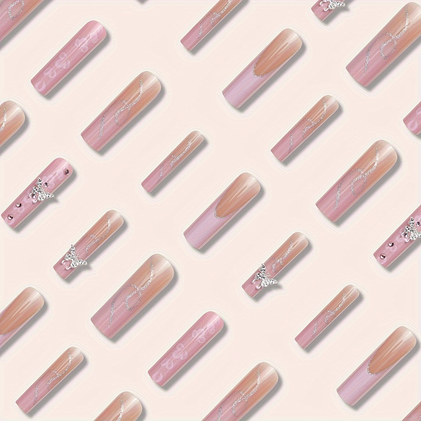 {24pcs} Extra-Long Coffin French & Ombre & Floral Pattern 3D Butterfly Rhinestone Full Cover Glossy Fake Nails