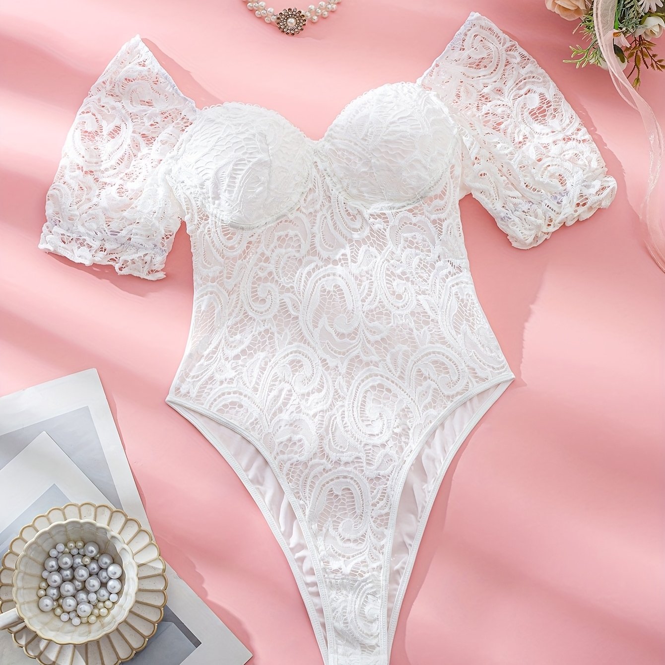 Floral Lace Teddy Bodysuit with Hollow-Out Design
