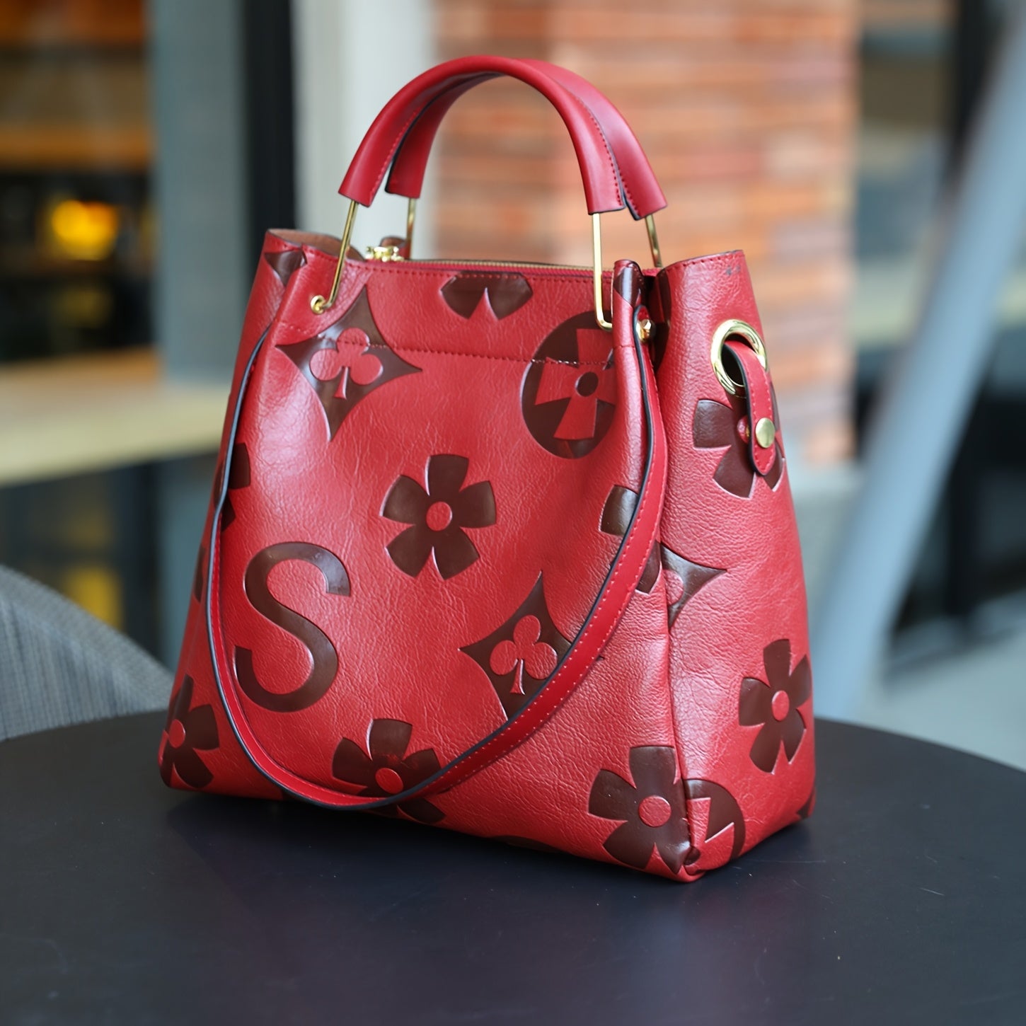 Floral Embossed Synthetic Leather Satchel Handbag