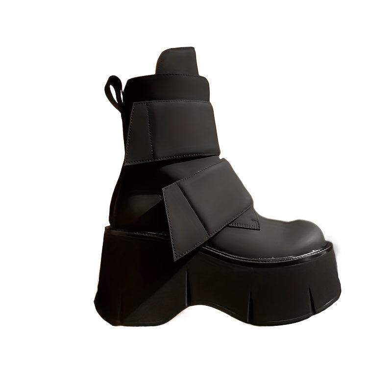 Women&Apos;S Black Platform Wedge Ankle Boots - Round Toe, Slip-Resistant, High Heel with Adjustable Strap & Sole, Fashionable Solid Color Design, Fashionable Footwear | Chic Ankle Boots | Rubber Sole Boot