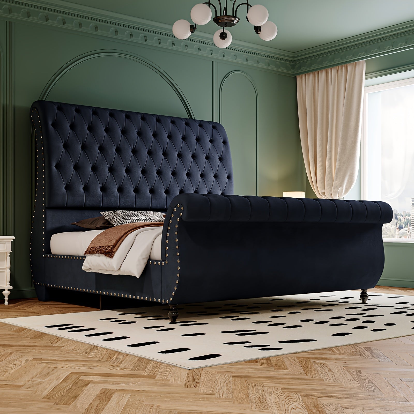 Velvet Upholstered Sleigh Bed With Scroll-Designed Headboard And Footboard