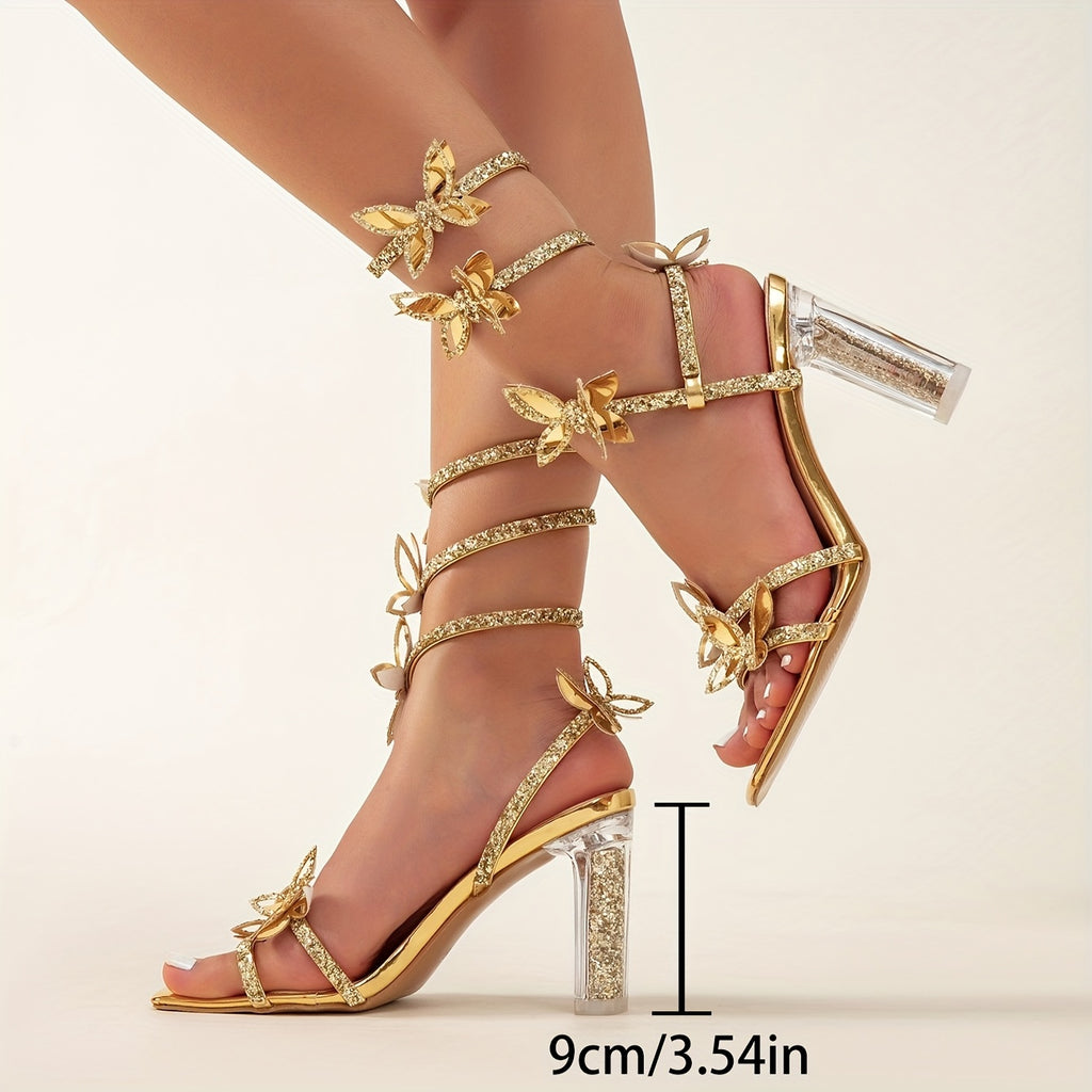 Elegant Rhinestone & Butterfly-Decorated High Heel Sandals