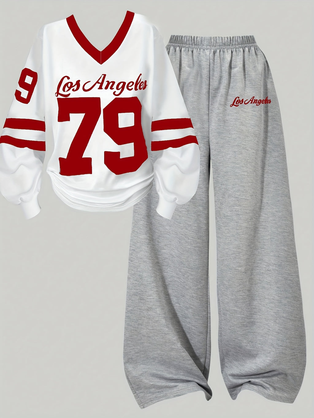 [2pcs} Digital Print Versatile V-Neck Top and Simple Wide-Leg Pants Set