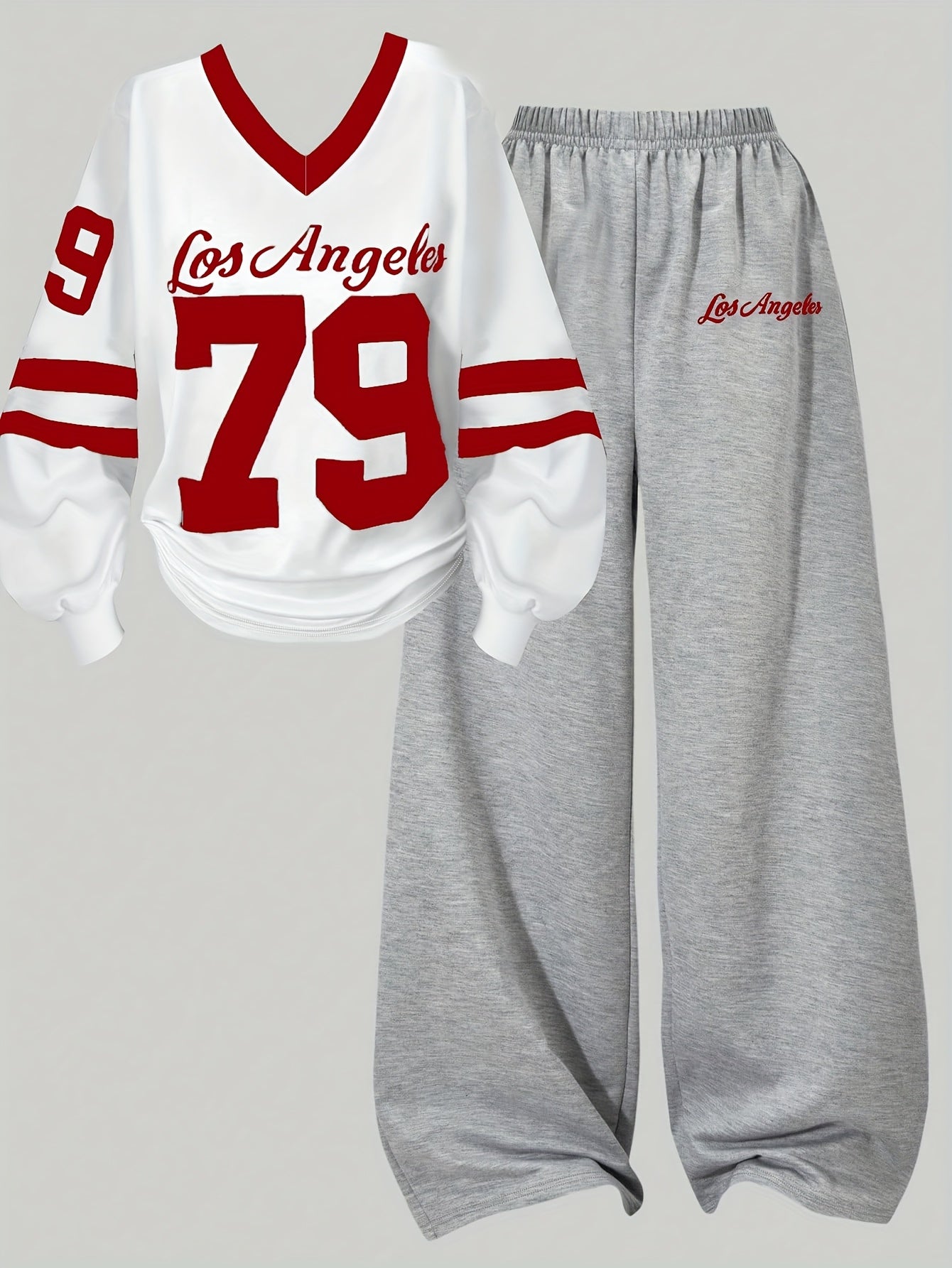 [2pcs} Digital Print Versatile V-Neck Top and Simple Wide-Leg Pants Set