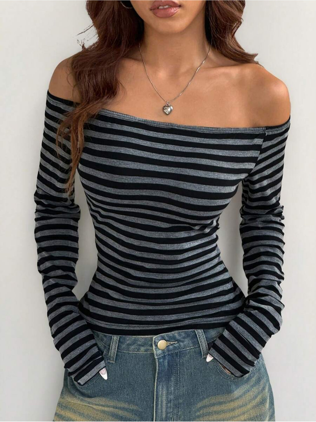 Women's Y2K Off-Shoulder/Boat Neck Long Sleeve T-Shirt - Slim-Fit X-Line Top with Letter Print, Grey Winter Blouse for Layering, Jeans & Dresses (Machine Washable) - Fall/Winter Fashion Staple, Loose Full Sleeves Tops For Wom