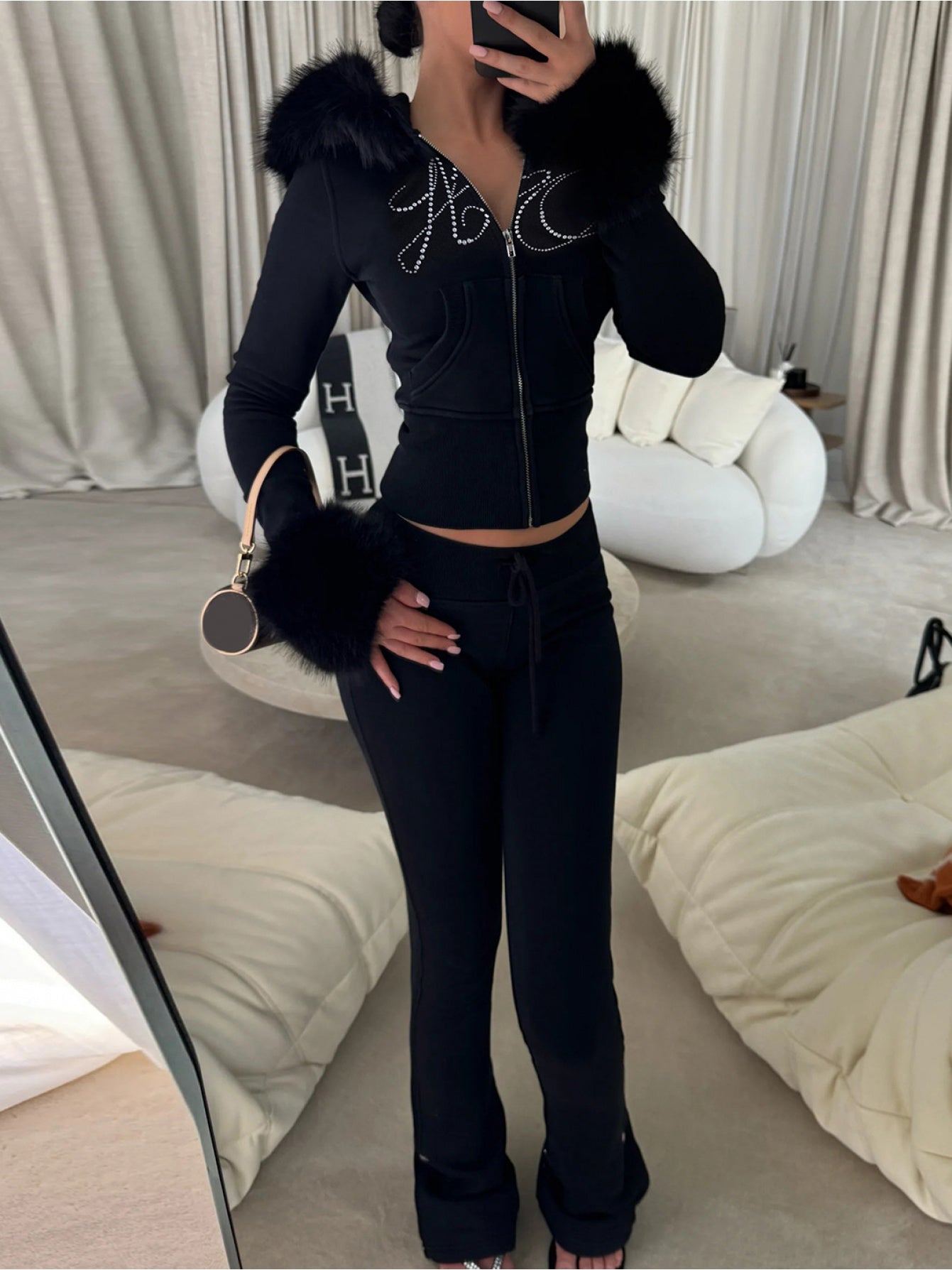 Casual Fleece Long Sleeve Zip-Up Hoodie Jacket with Rhinestone Letter Design