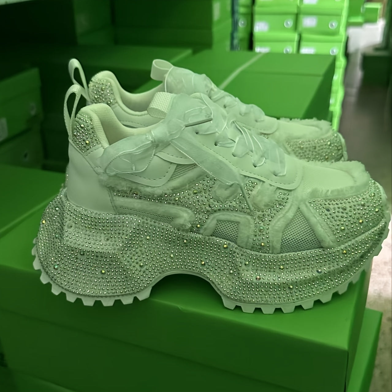 Rhinestone-Embellished Sneakers with Thick Platform Sole