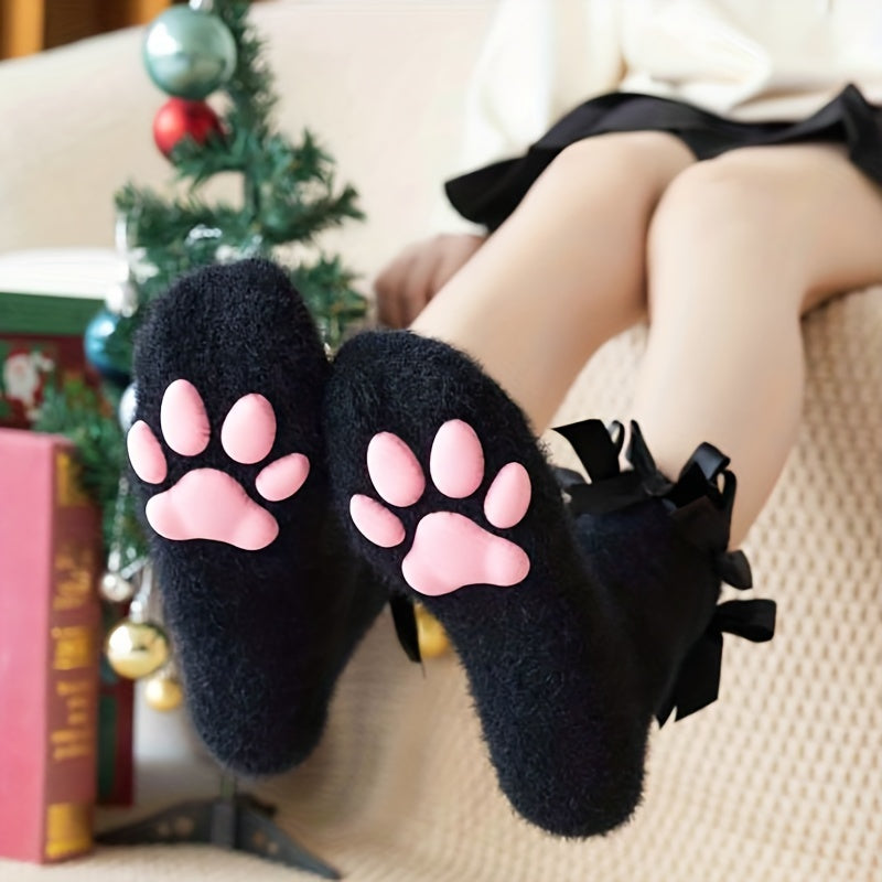 1 Pair Autumn Winter 3D Cat Paw Women'S Socks, Polyamide 100% Fuzzy Knit Fabric, Solid Color, Hand Wash or Professional Dry Clean