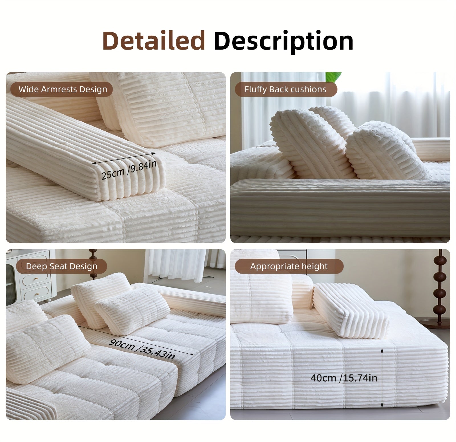 110.24-inch Modular Combination Sofa, U-shaped Living Room Sofa, Striped Fabric Four-seater Soft Cushion Sofa for Living Room And Bedroom (corduroy), No Need to Disassemble (black, Gray)