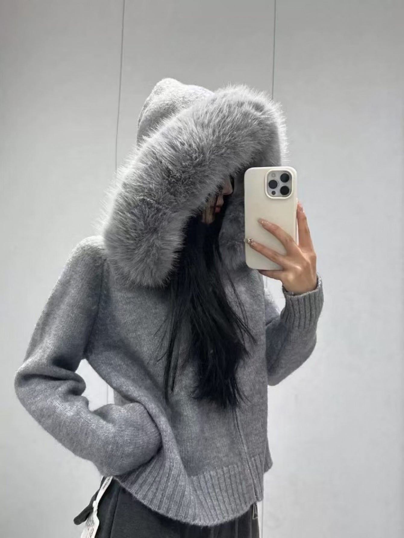 Women's Korean Retro Oversized Sweater Coat with Fur Collar & Hood - Long Sleeve Casual Winter Coat, Machine Washable Loose Fit Sweater Jacket for Women, Versatile Spring/Fall Outerwear (Black/White/Gray/Navy) - Solid Color D