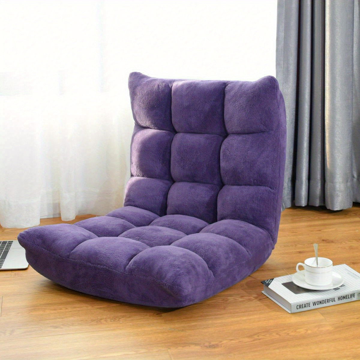 Adjustable 14-Position Floor Chair Folding Gaming Sofa Chair Cushioned Purple