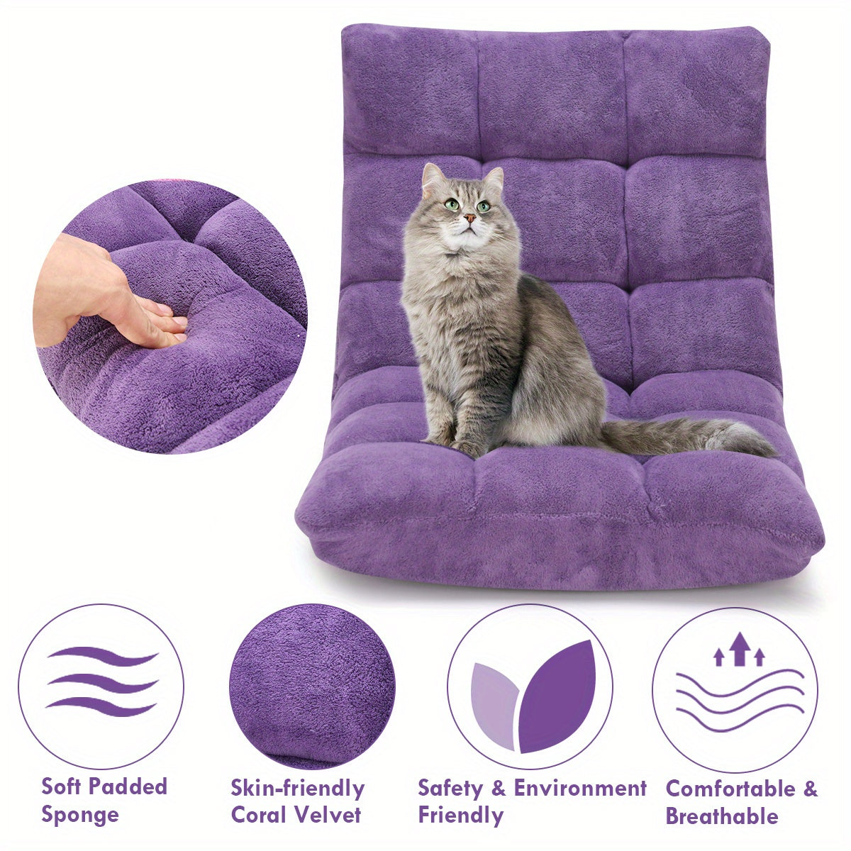 Adjustable 14-Position Floor Chair Folding Gaming Sofa Chair Cushioned Purple