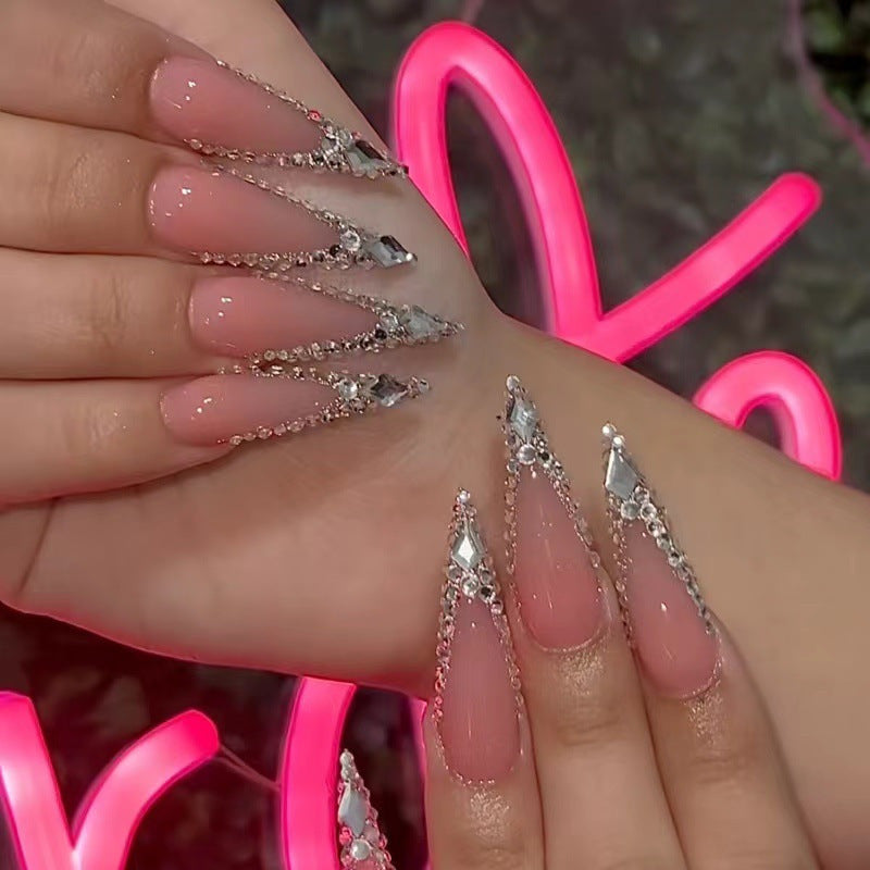 {Set Of 10} Charming French Sparkling Long Rectangular Hand-pressed Nails