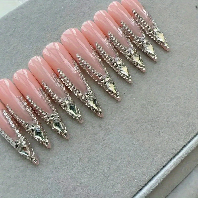 {Set Of 10} Charming French Sparkling Long Rectangular Hand-pressed Nails