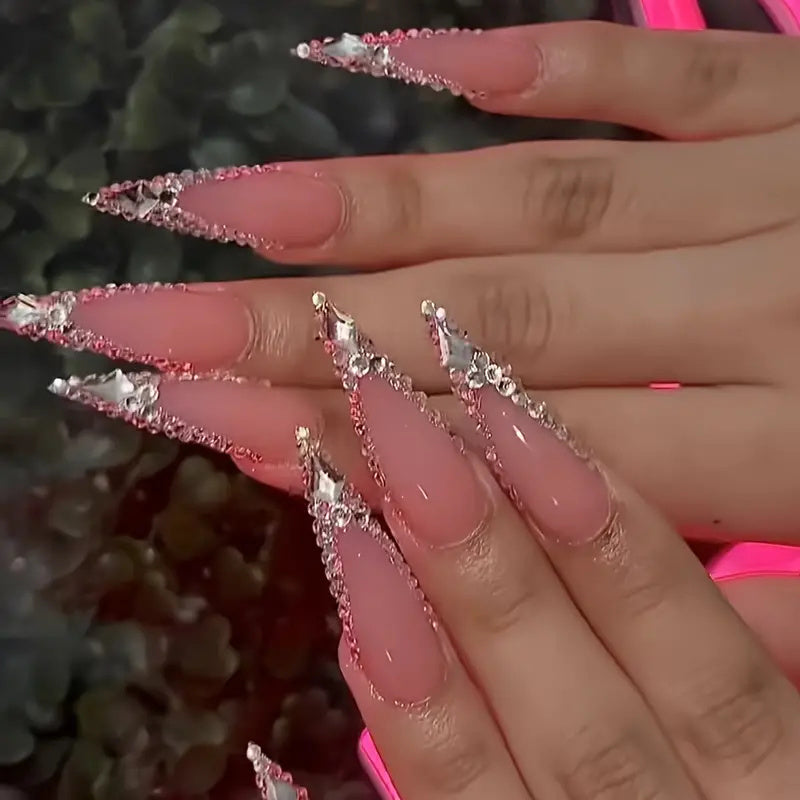 {Set Of 10} Charming French Sparkling Long Rectangular Hand-pressed Nails