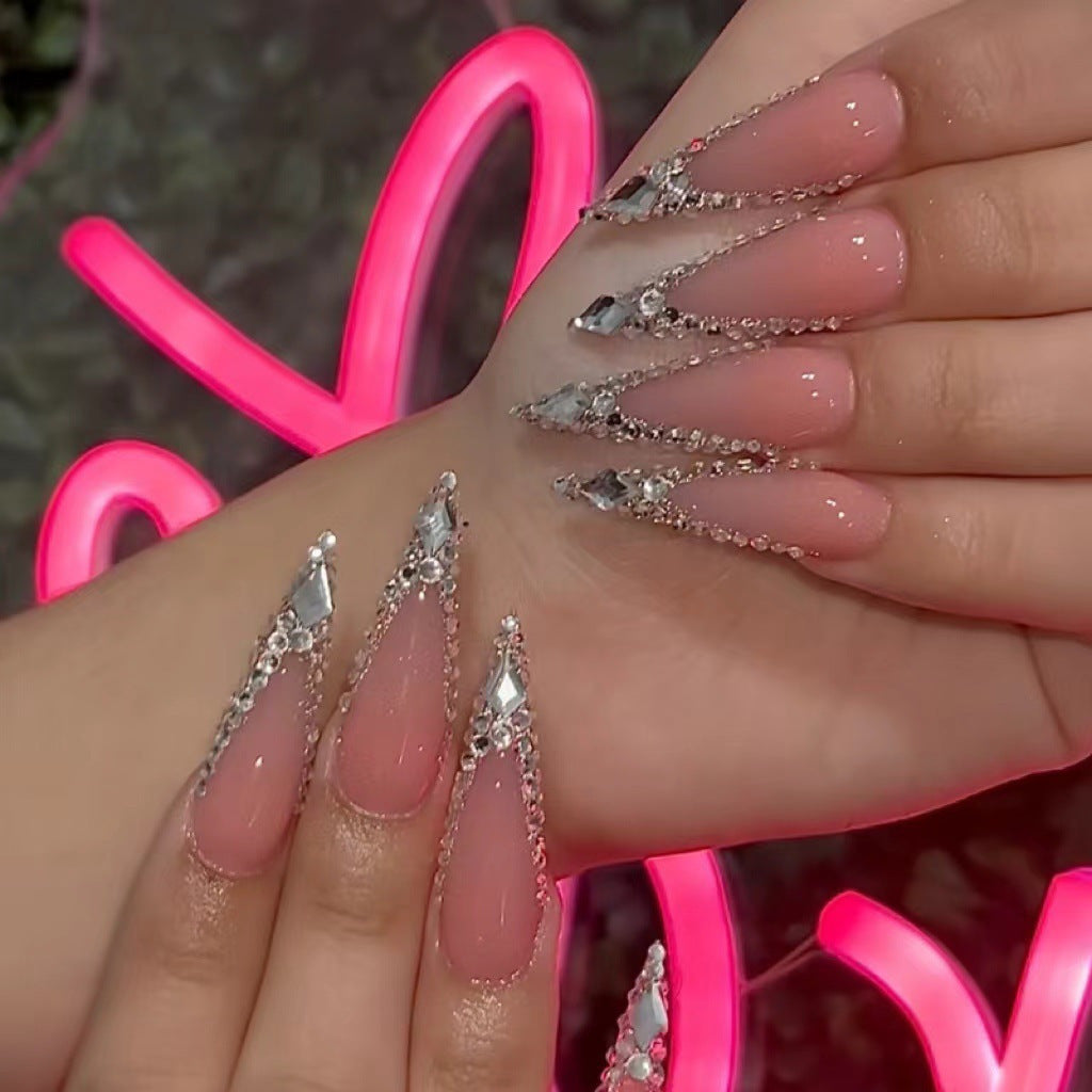 {Set Of 10} Charming French Sparkling Long Rectangular Hand-pressed Nails