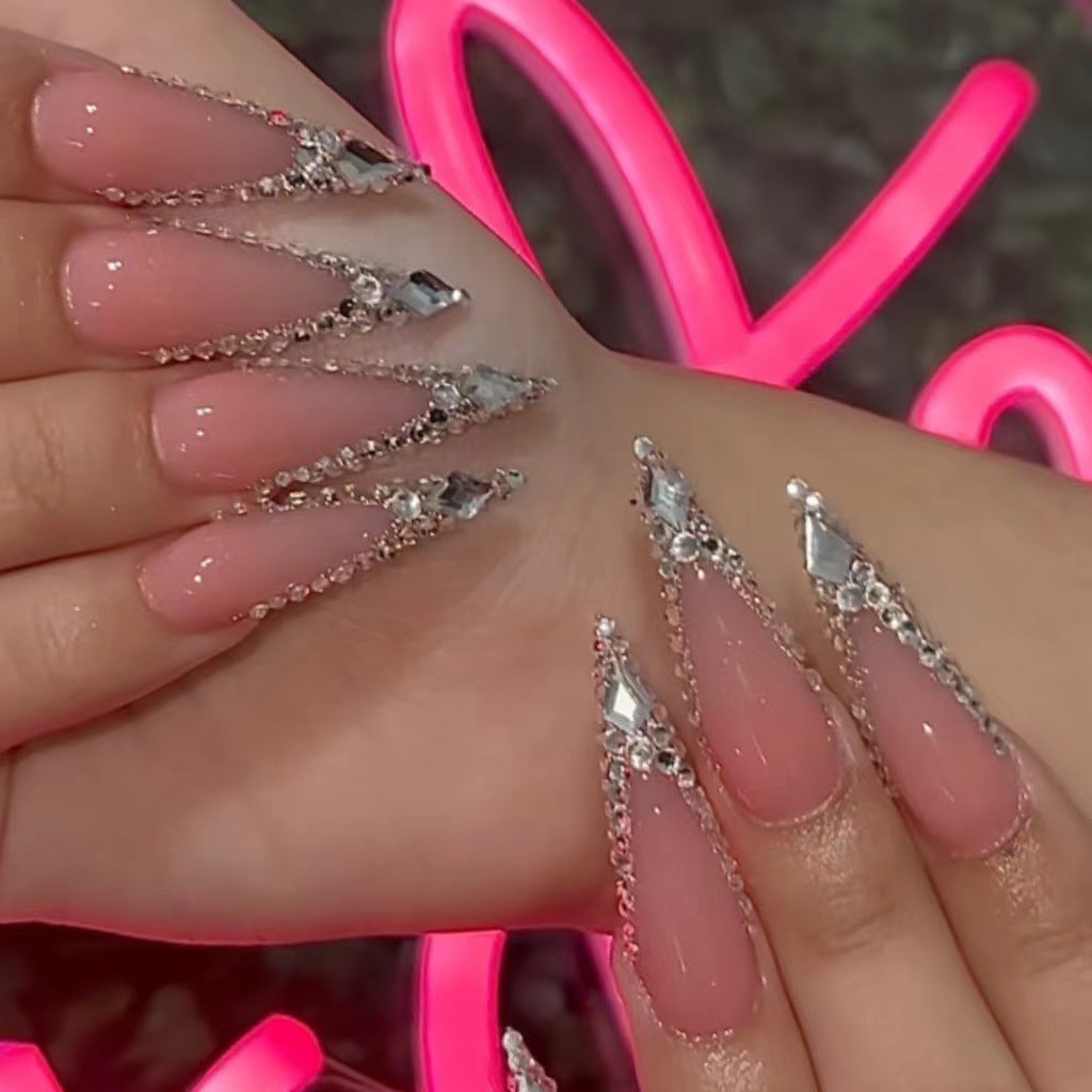 {Set Of 10} Charming French Sparkling Long Rectangular Hand-pressed Nails