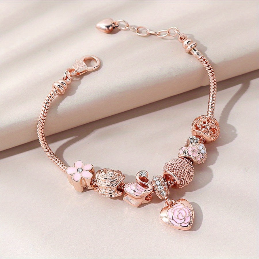 Elegant Adjustable Pink Rose & Swan Charm Bracelet